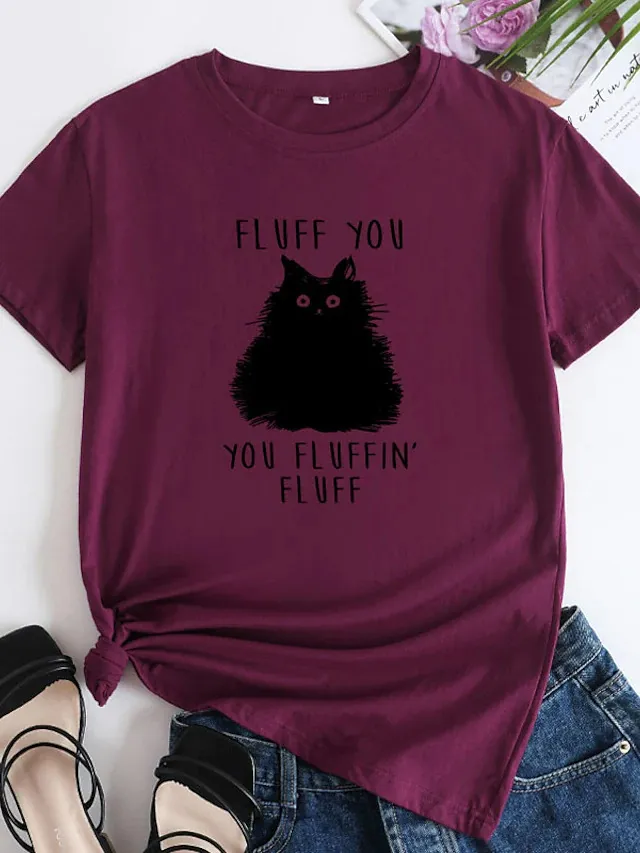 Female Pattern Fluffy Cat Short Sleeve Wine - Shop at LoveMi