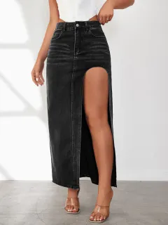 High Slit Denim Skirt Women's Washed Solid Color Midi Skirt - Black - View 1