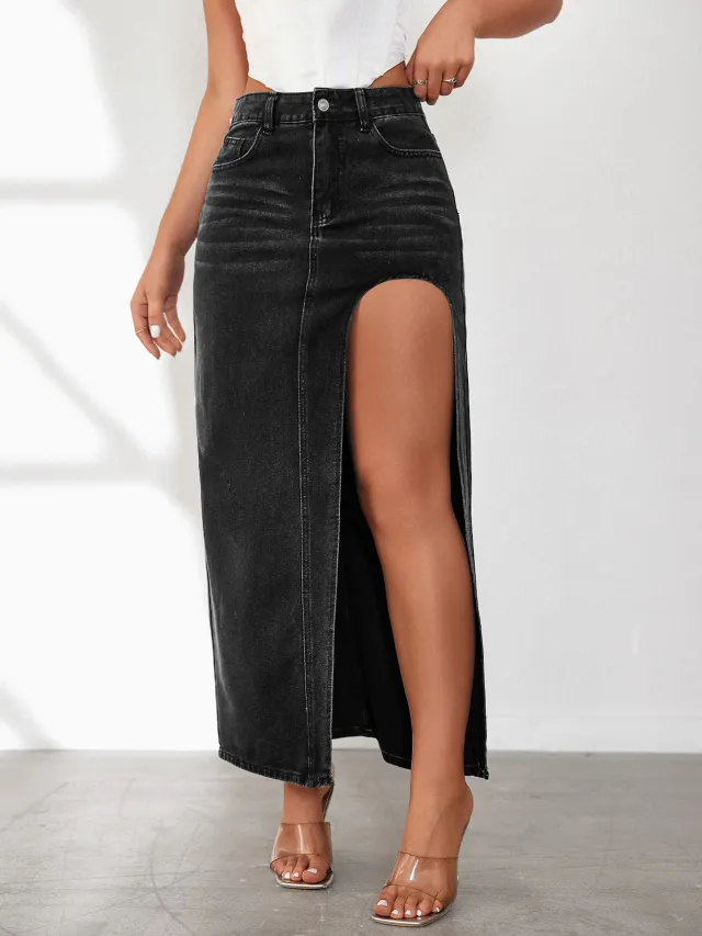 High Slit Denim Skirt Women's Washed Solid Color Midi Skirt Black - Shop at LoveMi