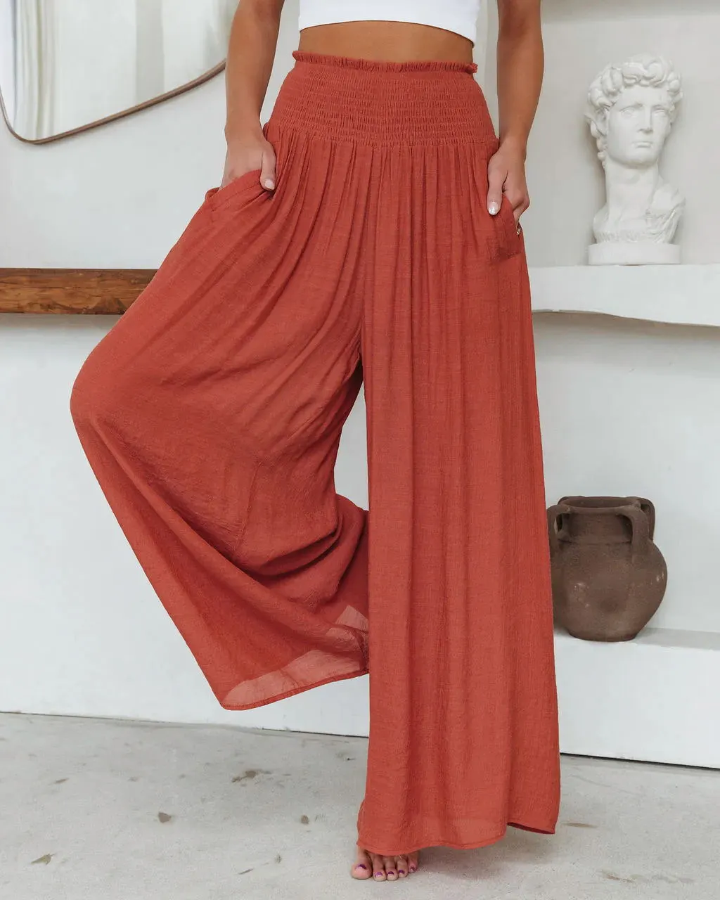 Cotton Wide-leg Pants Loose And Elastic Pocket Casual Pants Trousers - Red