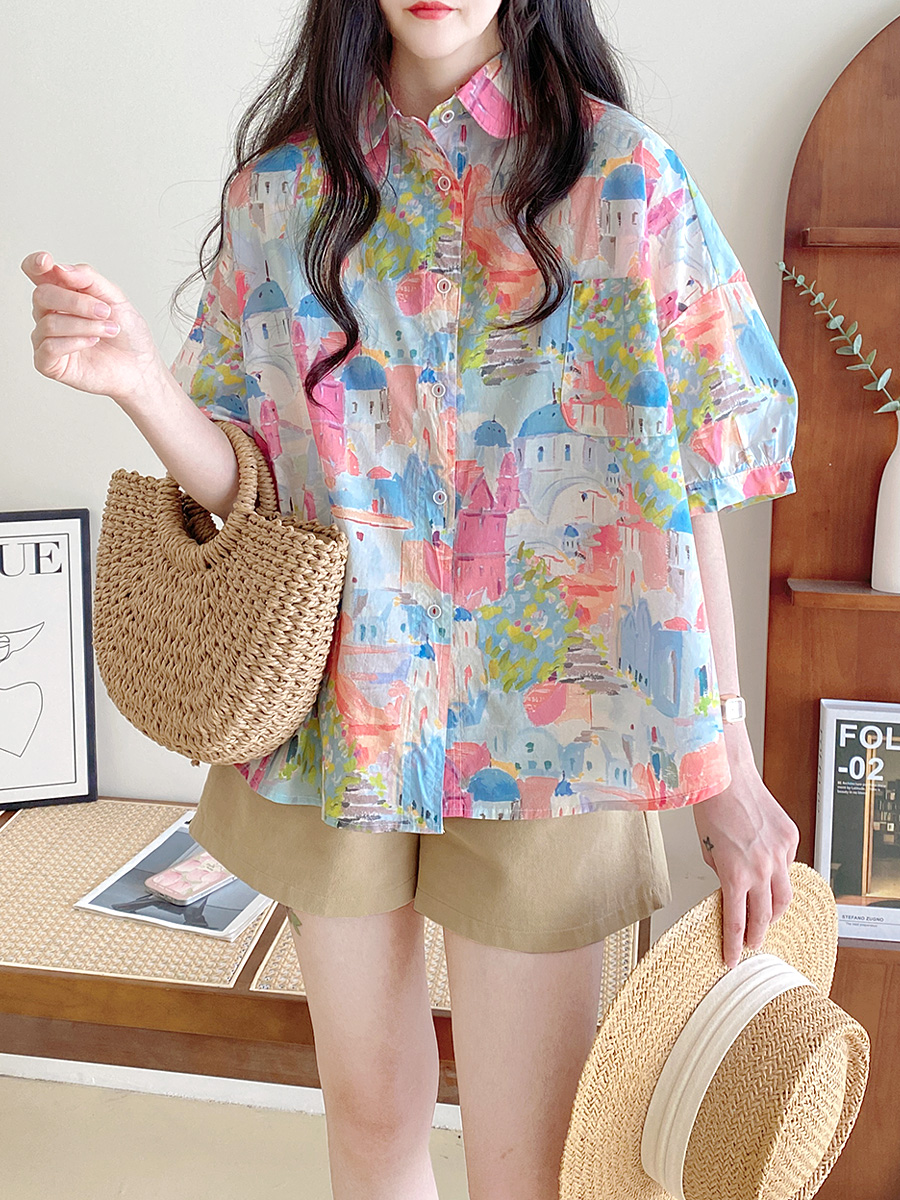 Harajuku Style Oil Painting Graffiti Pocket Short Sleeve Top