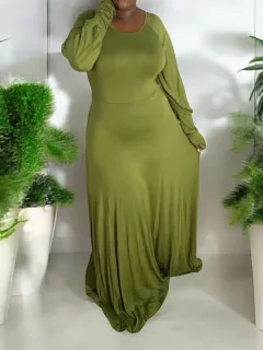 New Large Size Long Sleeve Round Neck Fashionable Ruffled Dress - Army Green - View 1
