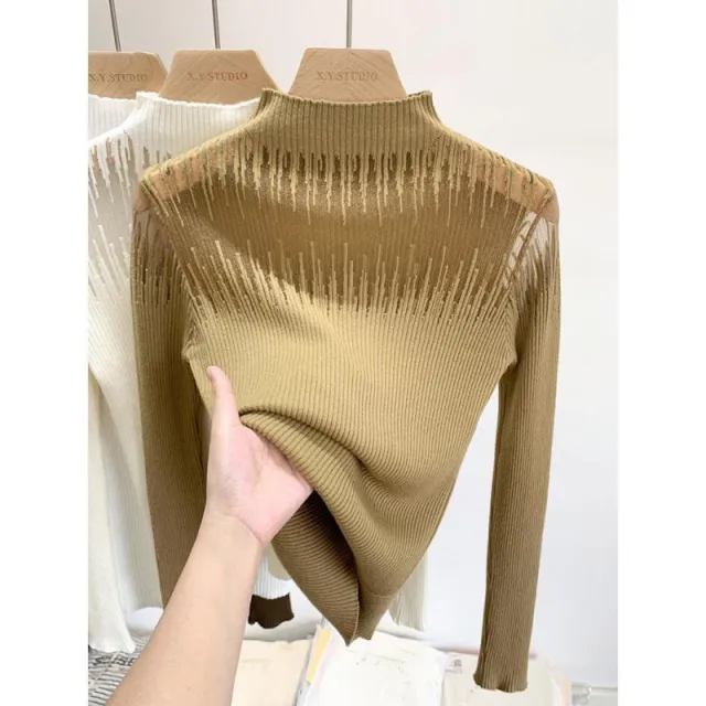 Mesh Lace Sweater Women's Half Turtleneck Khaki - Shop at LoveMi