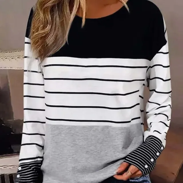 Women's Autumn Single breasted Cuff T shirt Casual Round Neck Long Sleeve White - Shop at LoveMi