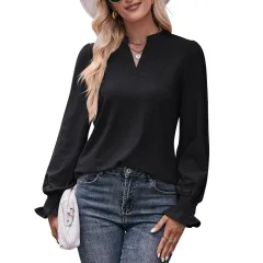 European And American Solid Colour T-shirt Hole V-neck - Black - View 1