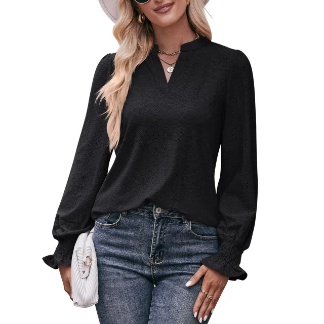 European And American Solid Color T shirt Hole V neck Black - Shop at LoveMi