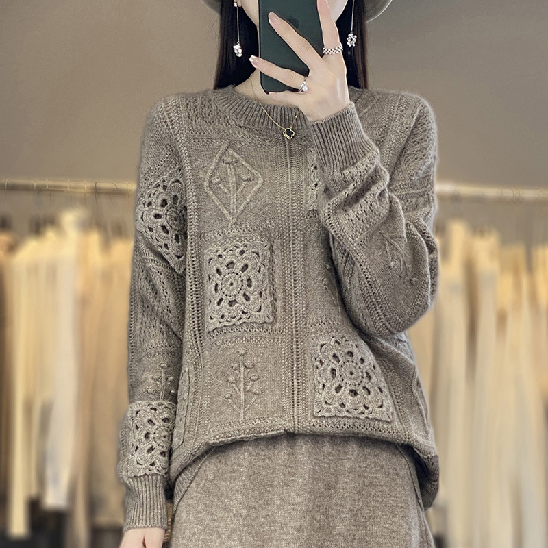 Womens Wool Crew-Neck Crochet Hollow-Out Sweater