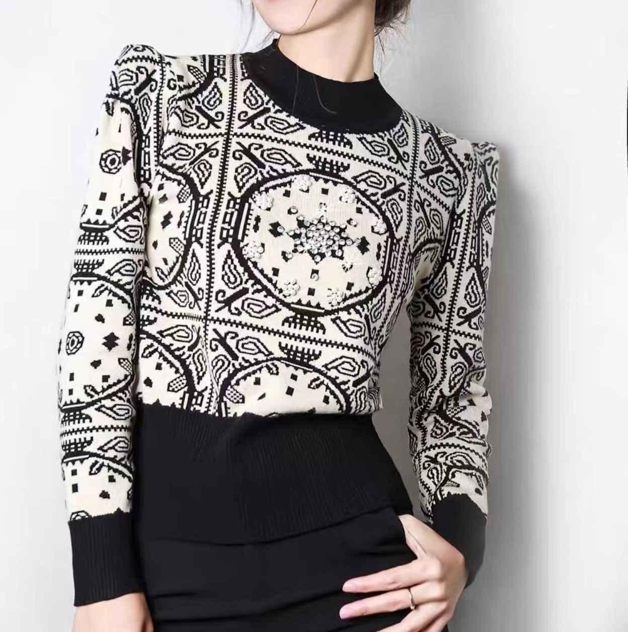 Fashion Half Turtleneck Heavy Industry SUNFLOWER Beaded Sweater Women