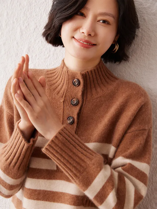 Cashmere Sweater Striped Sweater Coffee Bottom Beige Stripe - Shop at LoveMi