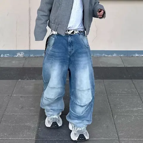 Profile Pleated BAGGY Washed White Blue Jeans