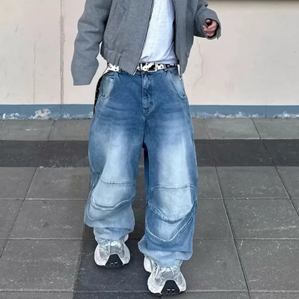 Profile Pleated BAGGY Washed White Blue Jeans