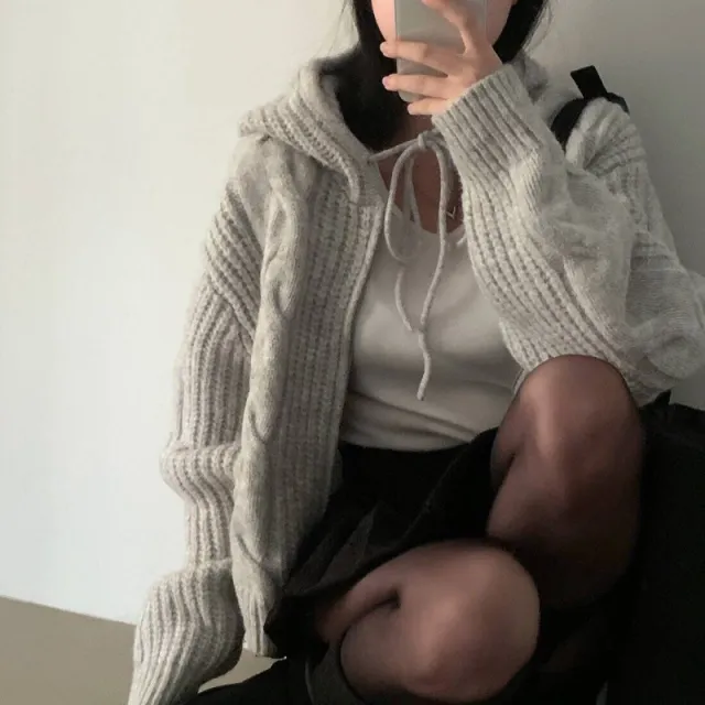Loose And Idle Twist Hooded Double headed Zipper Design Sweater Cardigan Coat Gray - Shop at LoveMi