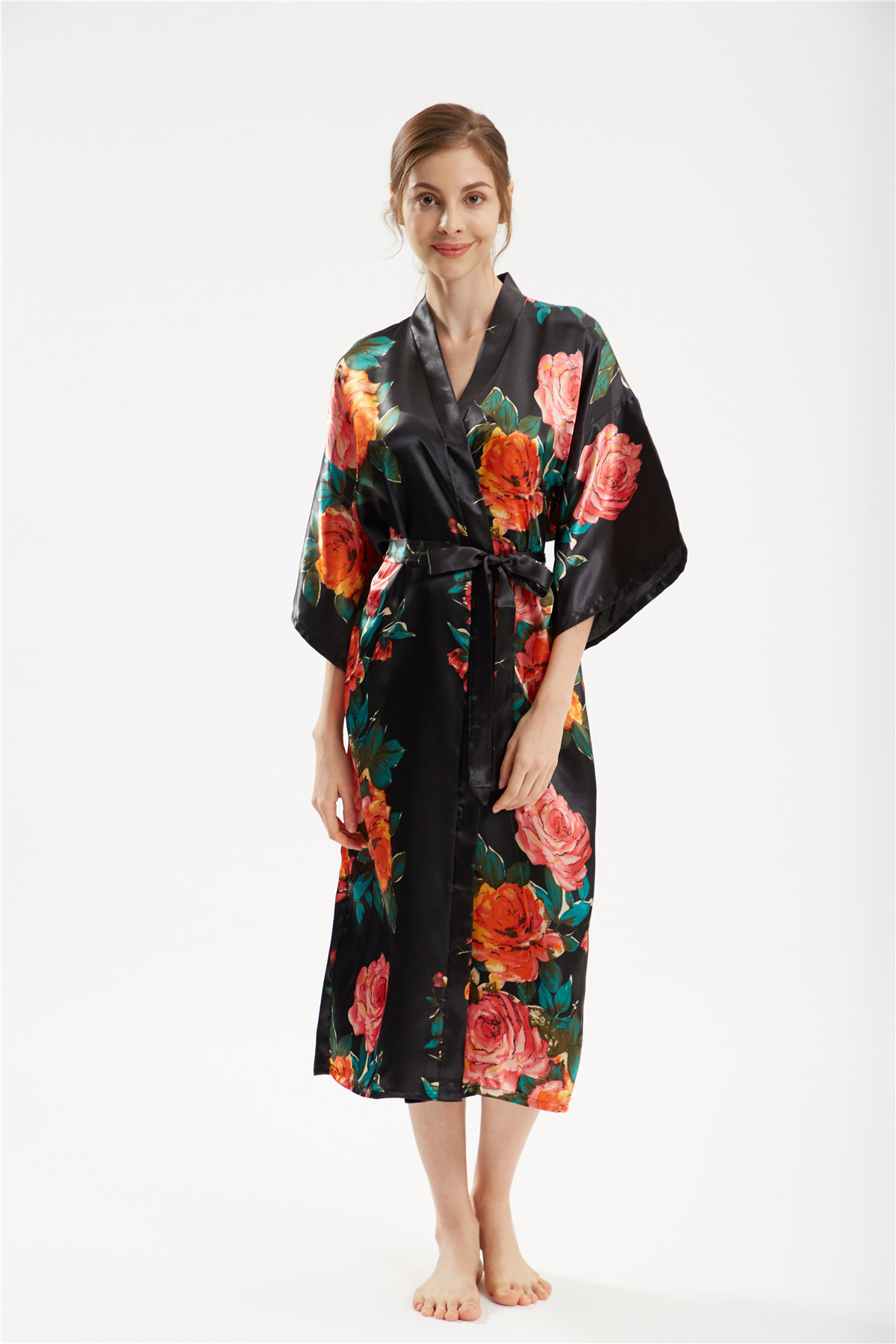 Title 10, Satin handbemalter Pfingstrose langer Kimono Yu...