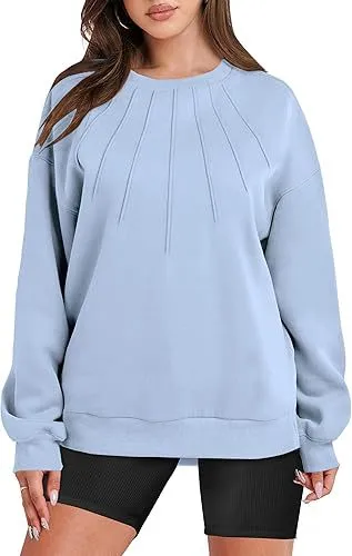 Loose fitting Casual Round neck Pleated Fashion Women's Sweater Blue - Shop at LoveMi