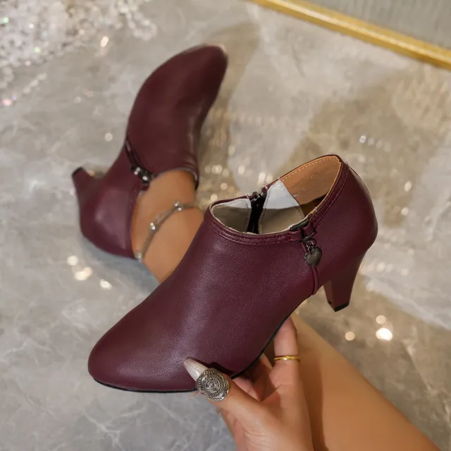 Casual Pointed Toe Stiletto Heel Ankle Love Decoration Solid Color Ankle Boots Wine - Shop at LoveMi