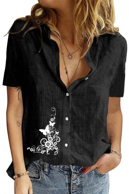 Women's Printed Linen Shirt Short Sleeve Black 1343 - Shop at LoveMi