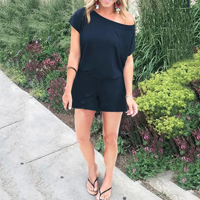 Women's Solid Color Loose Fashion Diagonal Shoulder Short sleeved Jumpsuit Navy Blue - Shop at LoveMi