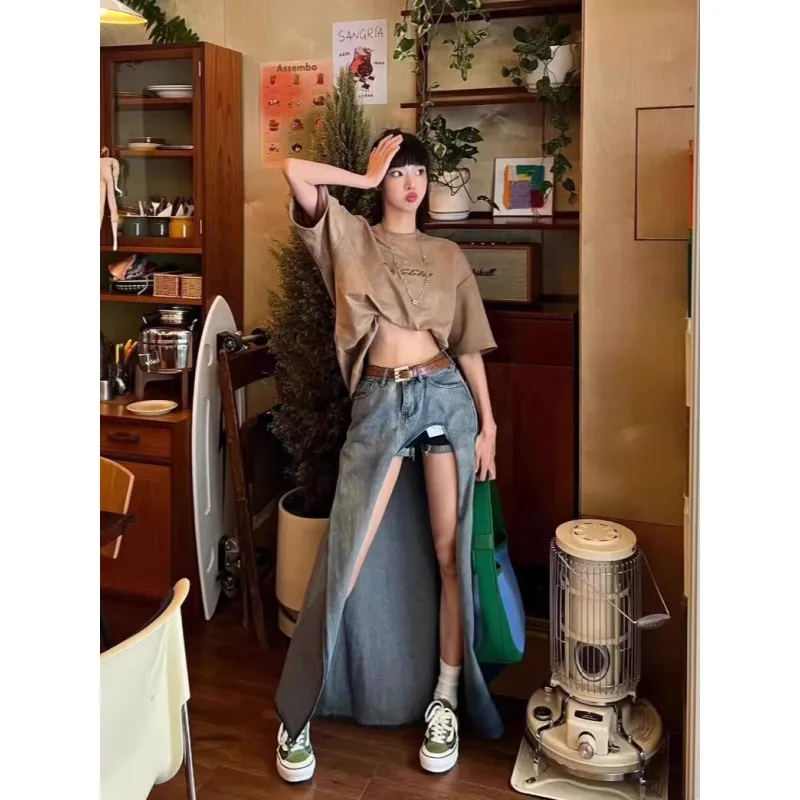 Retro Gradient High Waist Slit Denim Skirt - Blue