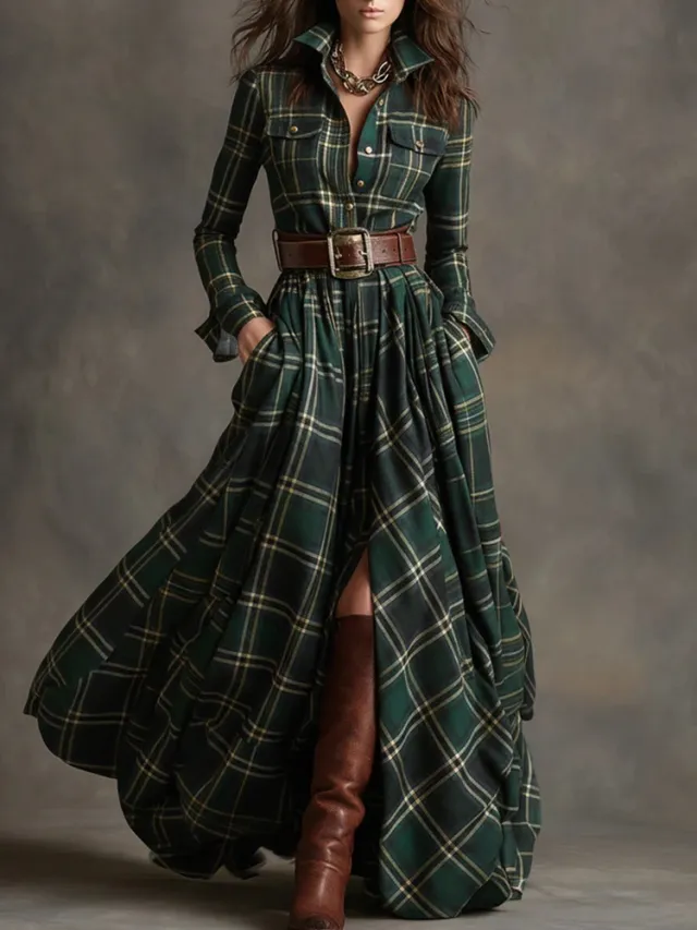 Ins Plaid Print Long Sleeved Dress Fashion Pockets Collared Buttons Shirt Long Dresses Retro Women's Clothing Green - Shop at LoveMi