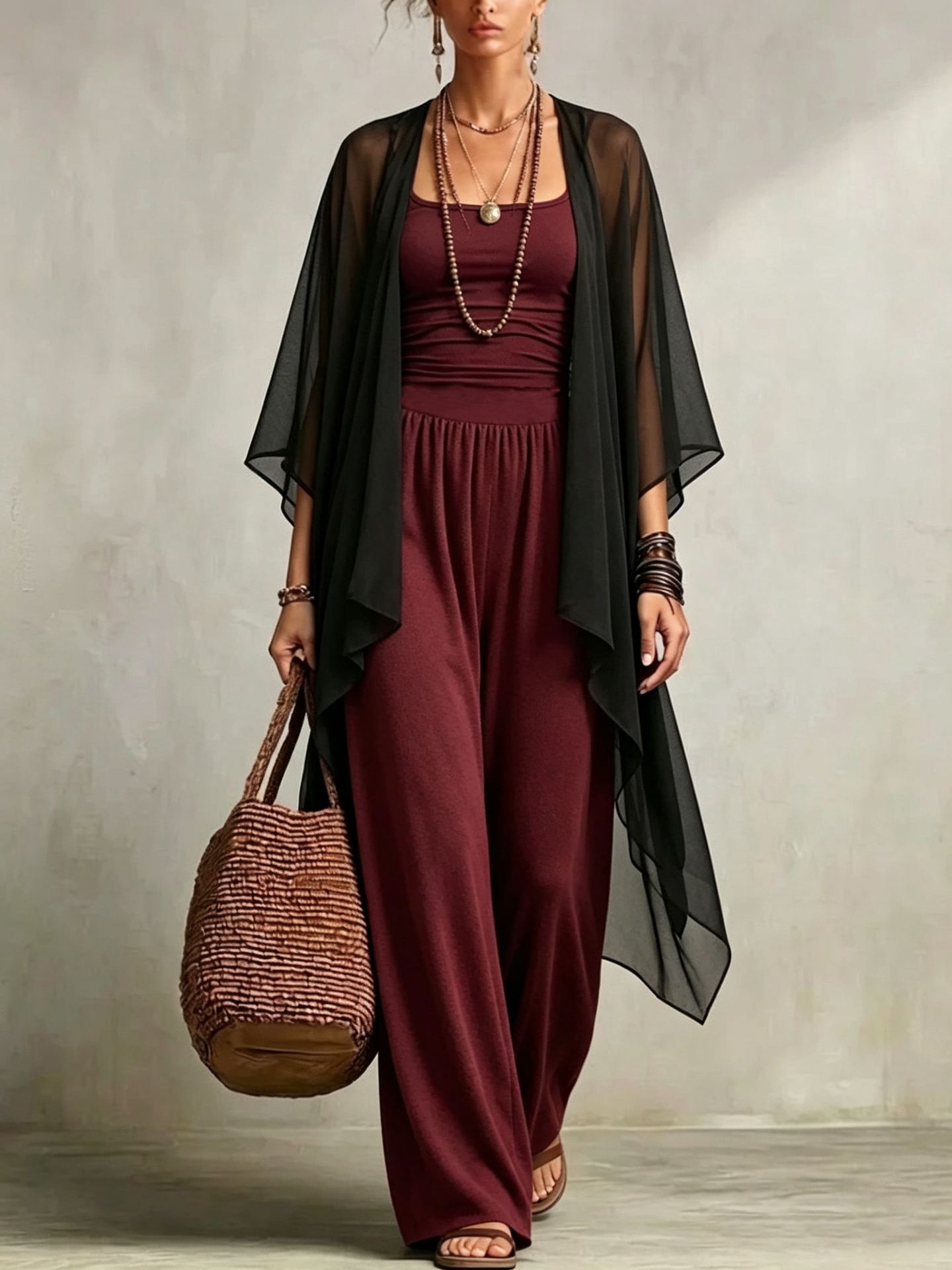 Women's Casual Jumpsuit With Straps And Shawl 2-piece Set