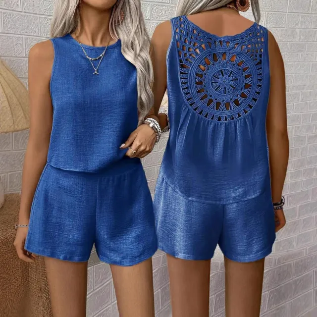 Sleeveless Tank Top Shorts Solid Color Casual Two piece Suit Blue - Shop at LoveMi