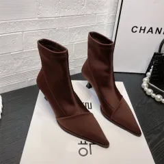 European And American Style Satin Sleeve Pointed Stiletto Elastic Silk Stocking Boots - Brown - View 1