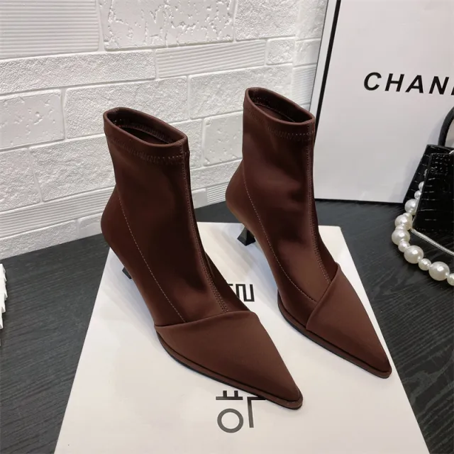 European And American Style Satin Sleeve Pointed Stiletto Elastic Silk Stocking Boots Brown - Shop at LoveMi