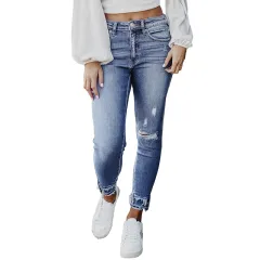 Shiying Spring Four Seasons Skinny Ripped Jeans Fashionable Frayed Hem Skinny Pants - Light Blue - View 1