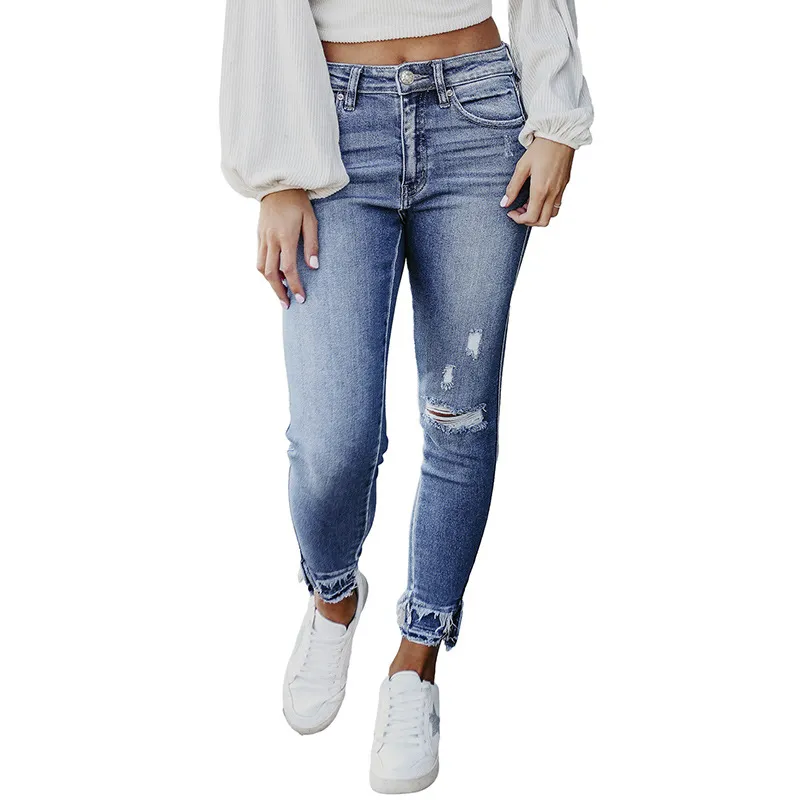 Shiying Spring Four Seasons Skinny Ripped Jeans Fashionable Frayed Hem Skinny Pants - Light Blue
