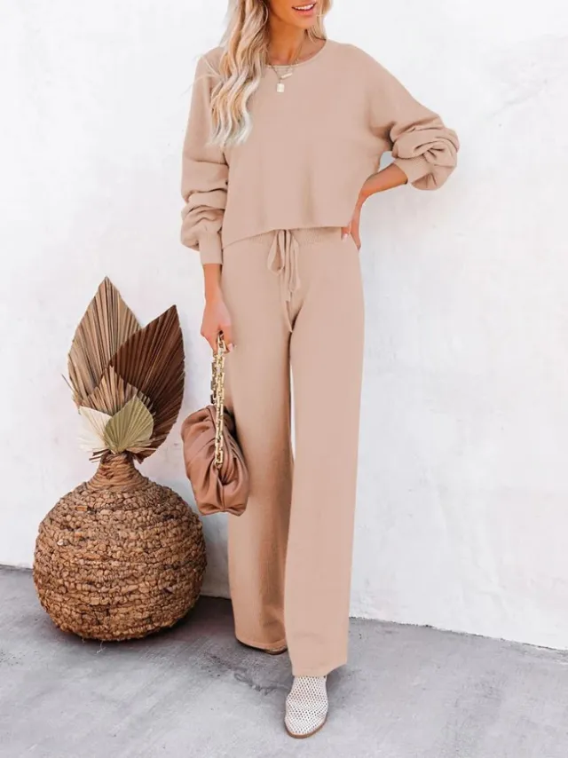 Casual Solid Color Long sleeved Trousers Two piece Set Apricot - Shop at LoveMi