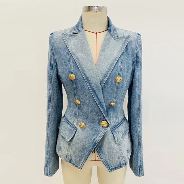 Women's Slim Double breasted Lion Button Denim Suit Jacket Picture Color Xxl - Shop at LoveMi