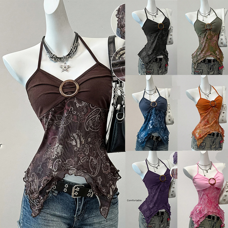 Womens Halter-Neck Camisole With Floral Print And Mesh Paneling