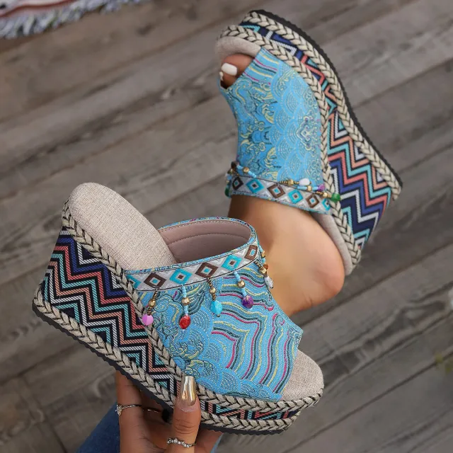 Fashion Simple High Heel Wedge Waterproof Platform Peep toe Sandals Blue - Shop at LoveMi