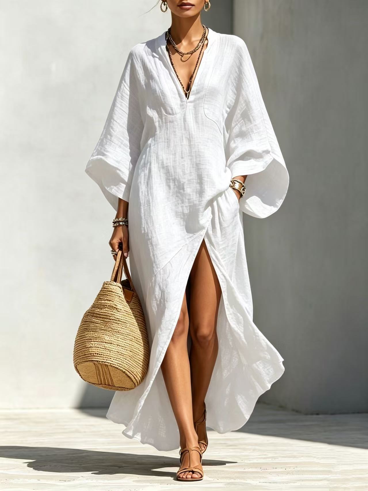 Women's batwing sleeve maxi dress in white – front view