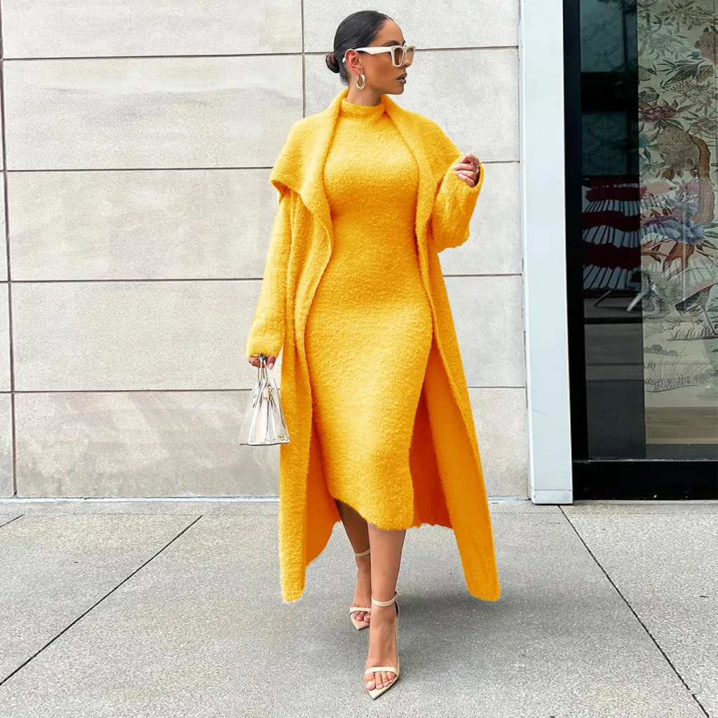 Autumn And Winter Elegant Dress Long Cardigan Velvet Two-piece Suit - Orange