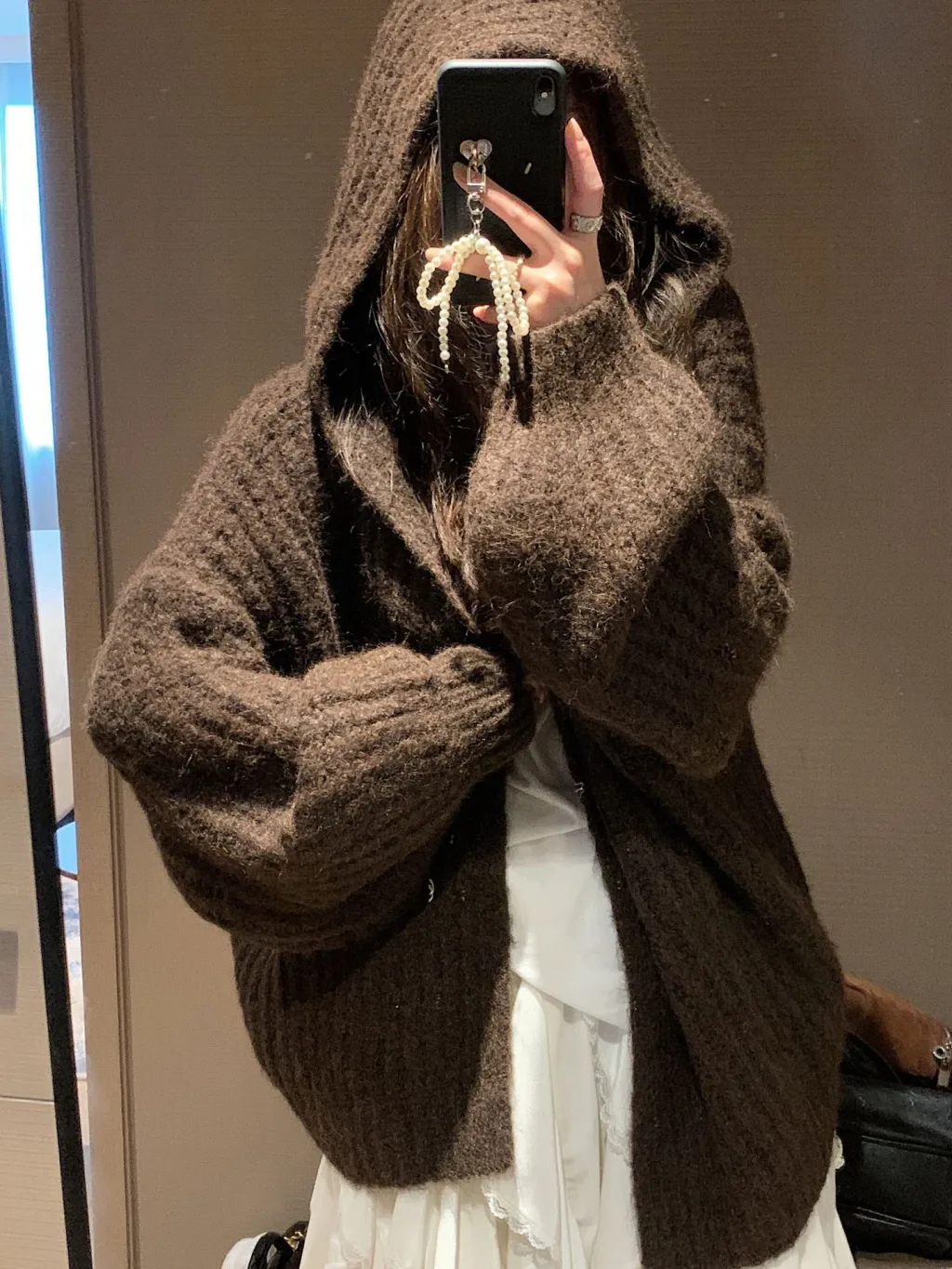 Retro Maillard Hooded Sweater Cardigan For Women - Brown