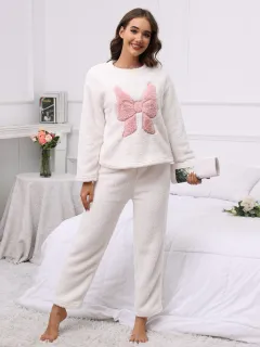 Embroidered Bow Long-sleeved Pants Two-piece Set For Casual Home Wear - White - View 1