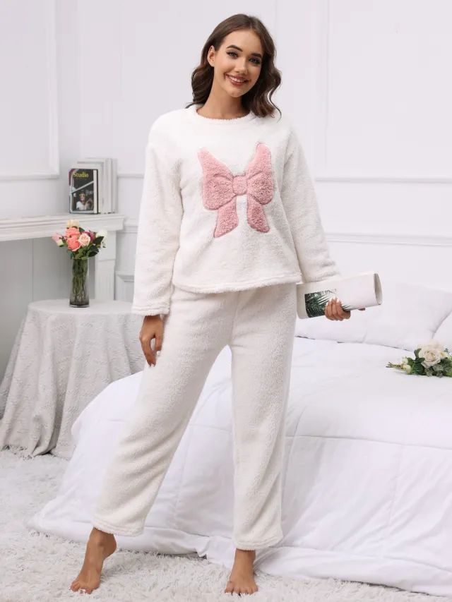 Embroidered Bow Long sleeved Pants Two piece Set For Casual Home Wear White - Shop at LoveMi