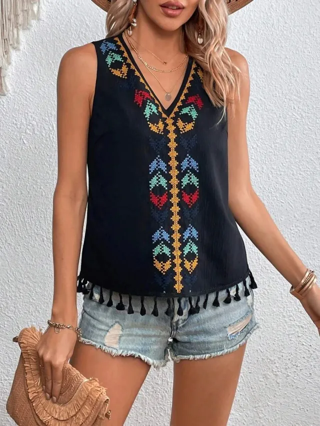 Women's Summer Ethnic Style V neck Embroidery Vest Top Black - Shop at LoveMi