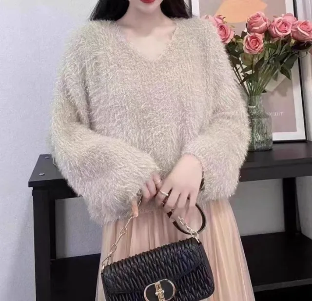 Bright Silk Sweater Women's Pullover Loose V neck Apricot - Shop at LoveMi