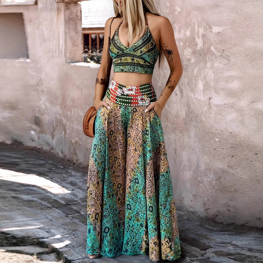 European And American Retro Pattern Short Overall Dress Set