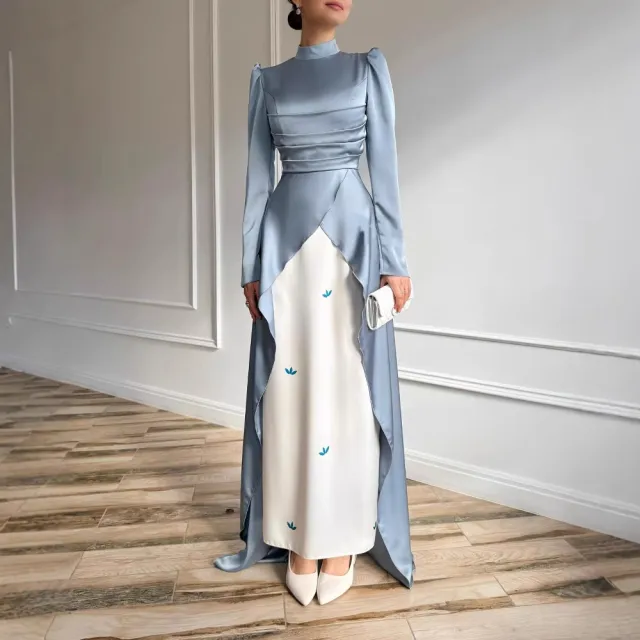 Pleated Stitching Contrast Color Long Sleeves Dress Blue - Shop at LoveMi