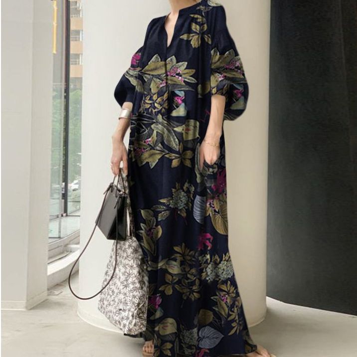 Long Cotton And Linen Printed V-neck Simple Loose Plus Size Dress