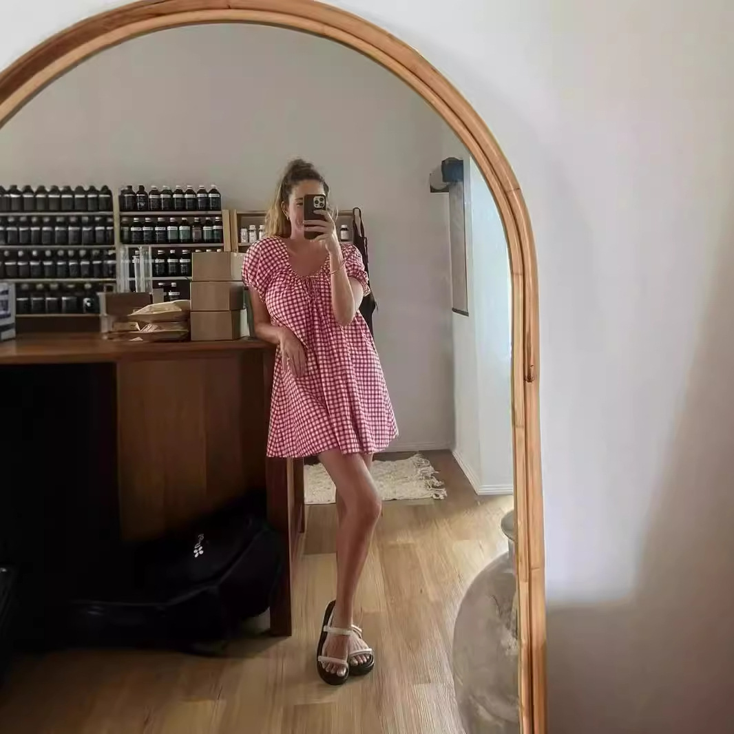 Mini Dress Plaid Puff Sleeve Square Collar Floral Fairy