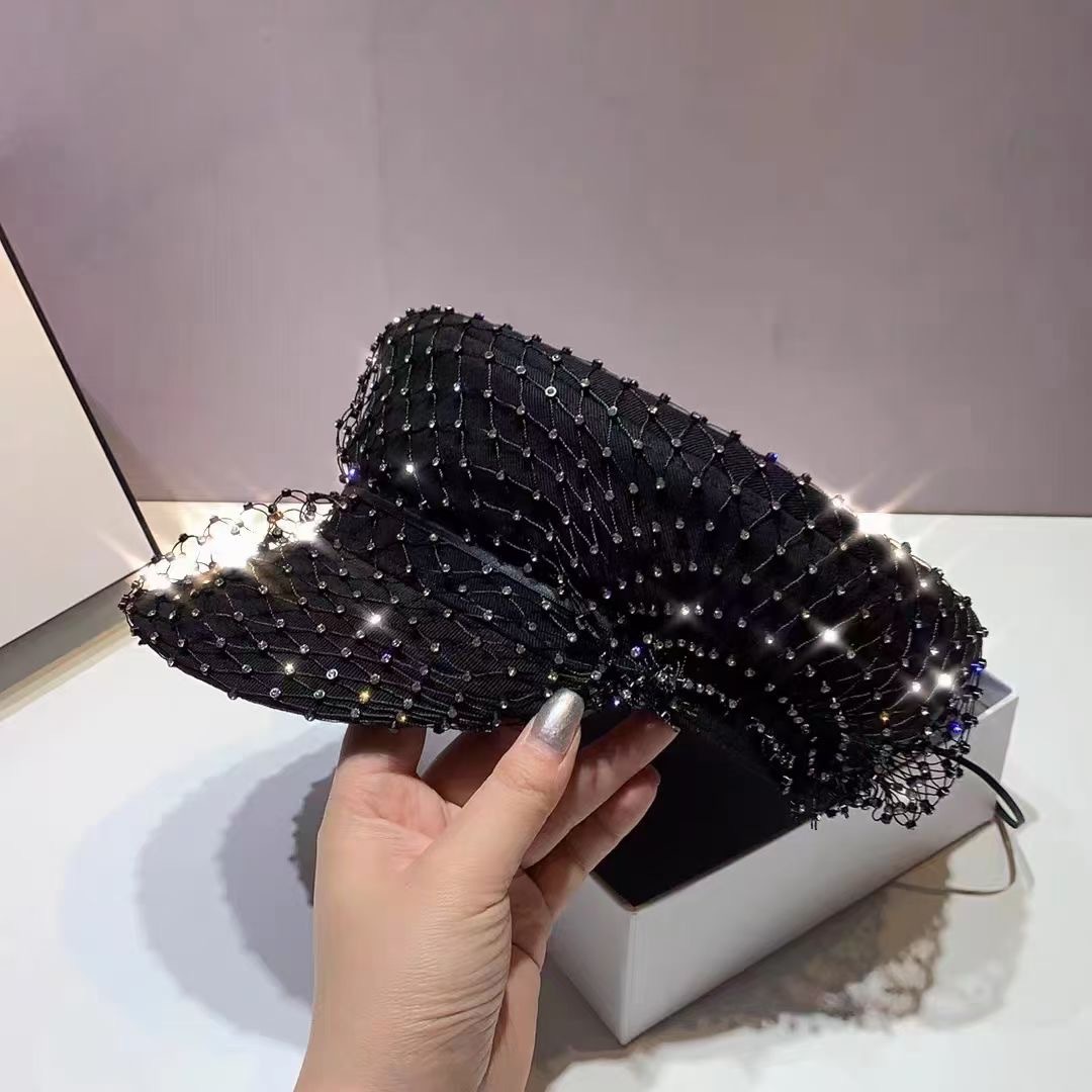 Heavy Embroidery Hot Drilling Mesh Black Navy Hat