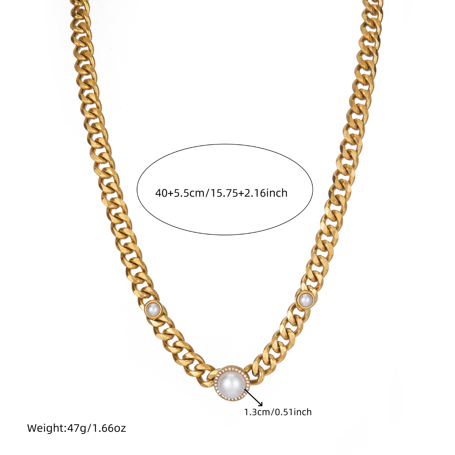 Diamond Round Pearl Necklace Stainless Steel