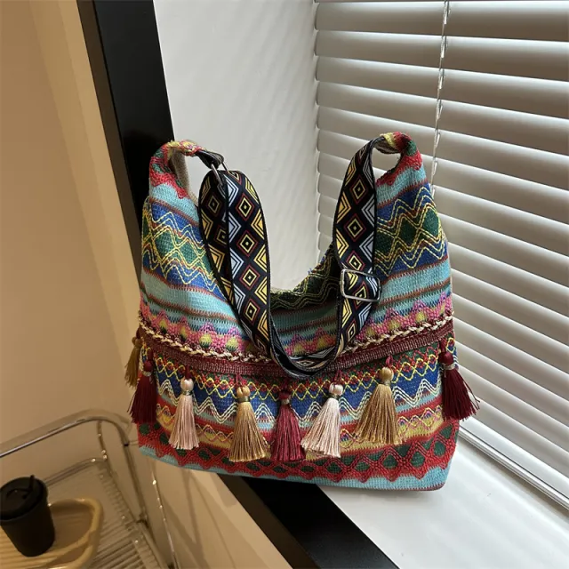 Simple Shoulder Retro Ethnic Style Large Capacity Crossbody Tote Bag Blue - Shop at LoveMi