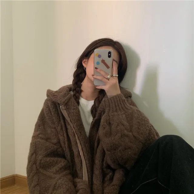 Hooded Knit Cardigan Coat Women's Spring And Autumn Twist Zipper Brown - Shop at LoveMi