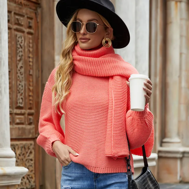 Solid Color Knitted Scarf Sweater Round Neck Pullover Loose And Lazy Style Sweater Pink - Shop at LoveMi