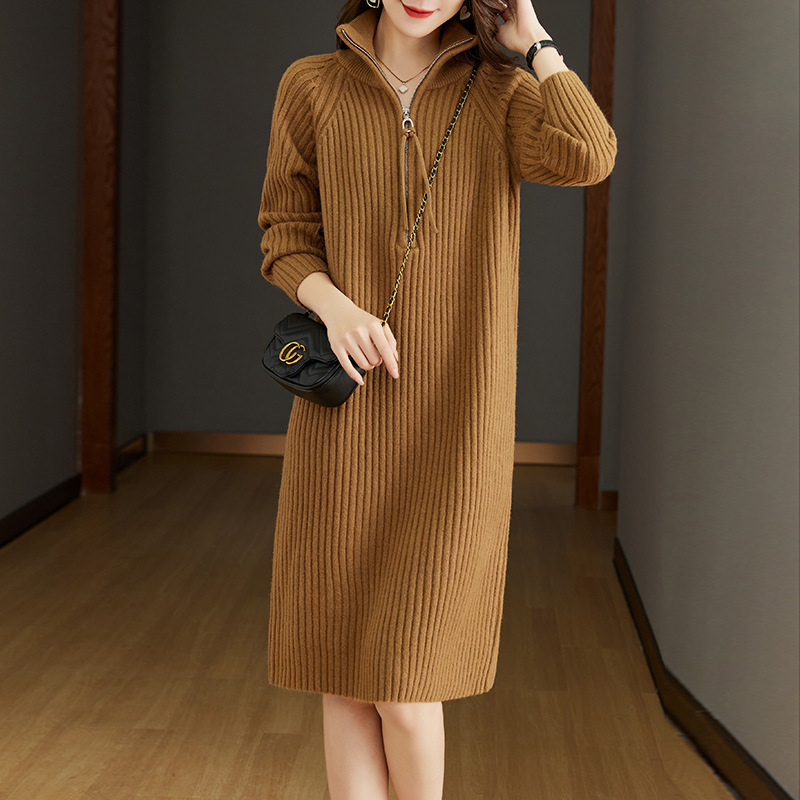 New Half Zipper Loose Casual Long Sleeves Stand Collar Woolen Skirt